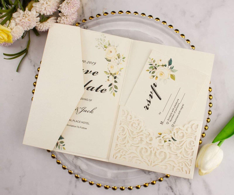 Lucky Star 25pcs 250GSM Pearl Ivory Wedding Invitations Cards Laser Cut Pocket Covers only, no envelope,no insert 5x7 - Image 4